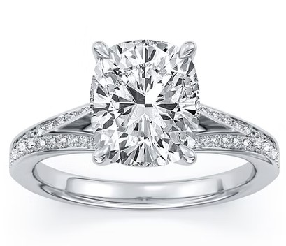 SUPER MAN MADE CREATED 3.44CTW SPLIT-SHANK ENGAGEMENT RING: 3.09CT 100-FACET CUSHION DIAMOND CENTER FVS2 FDX 74430890102 + 72 ROUND MELEE DIAMONDS .35CTW 14KW