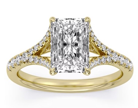 SUPER MAN MADE 2.92CTW SPLIT-SHANK RING: 2.56CT 100-FACET RADIANT CUT DIAMOND F VS2 FDX 74417250105 + 50 ROUND MELEE DIAMONDS .36CTW 14KY