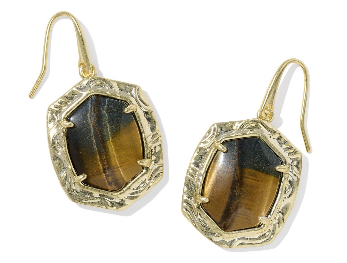 KENDRA SCOTT TIGER STRIPE DAPHNE DARK BROWN HAWKS EYE GOLD TONE DROP EARRINGS