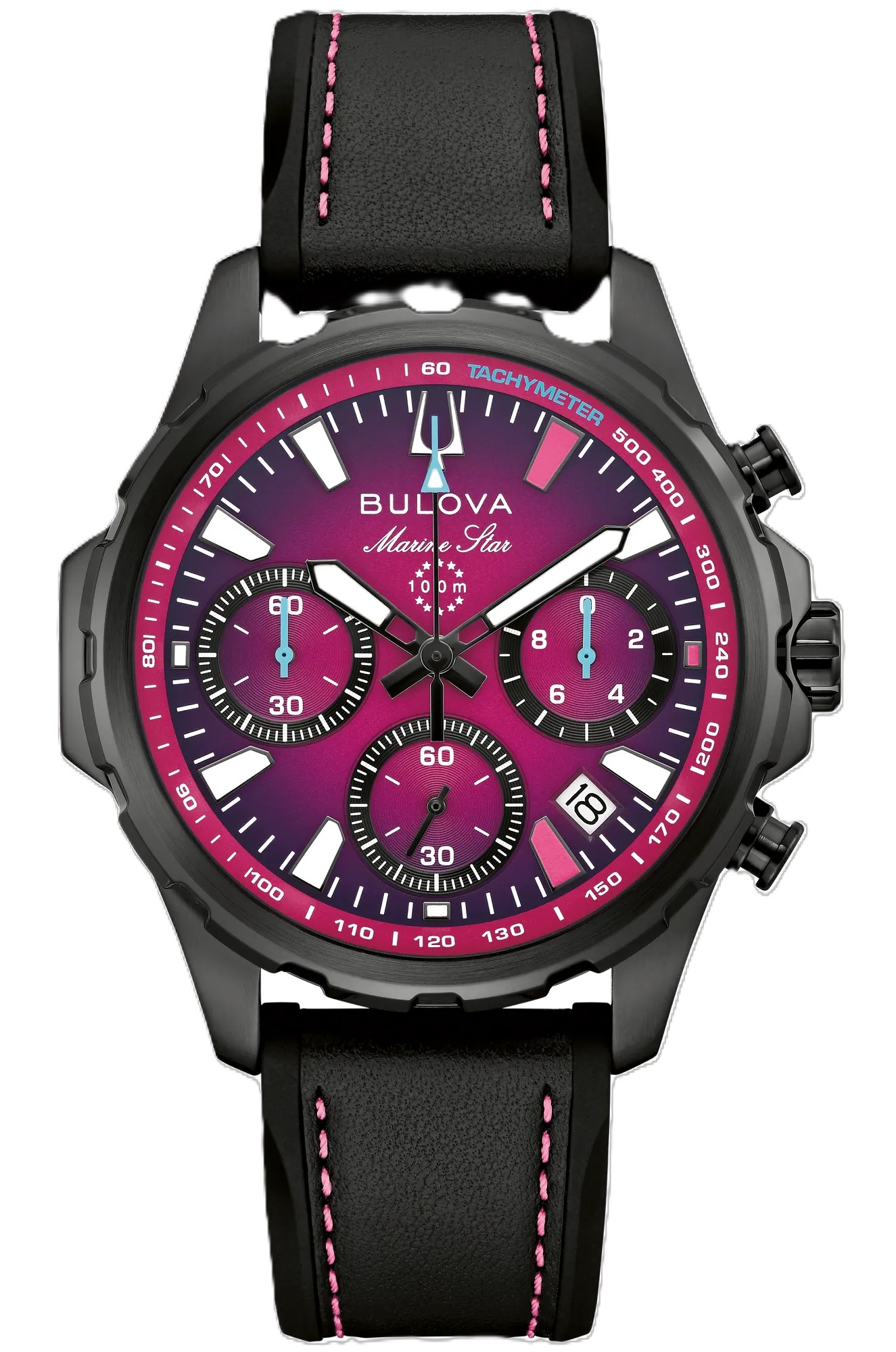 BULOVA MARINE STAR E1 TEAM MIAMI CHRONOGRAPH WATCH PURPLE DIAL BLACK RUBBER STRAP WITH PURPLE STITCHING BLACK CASE