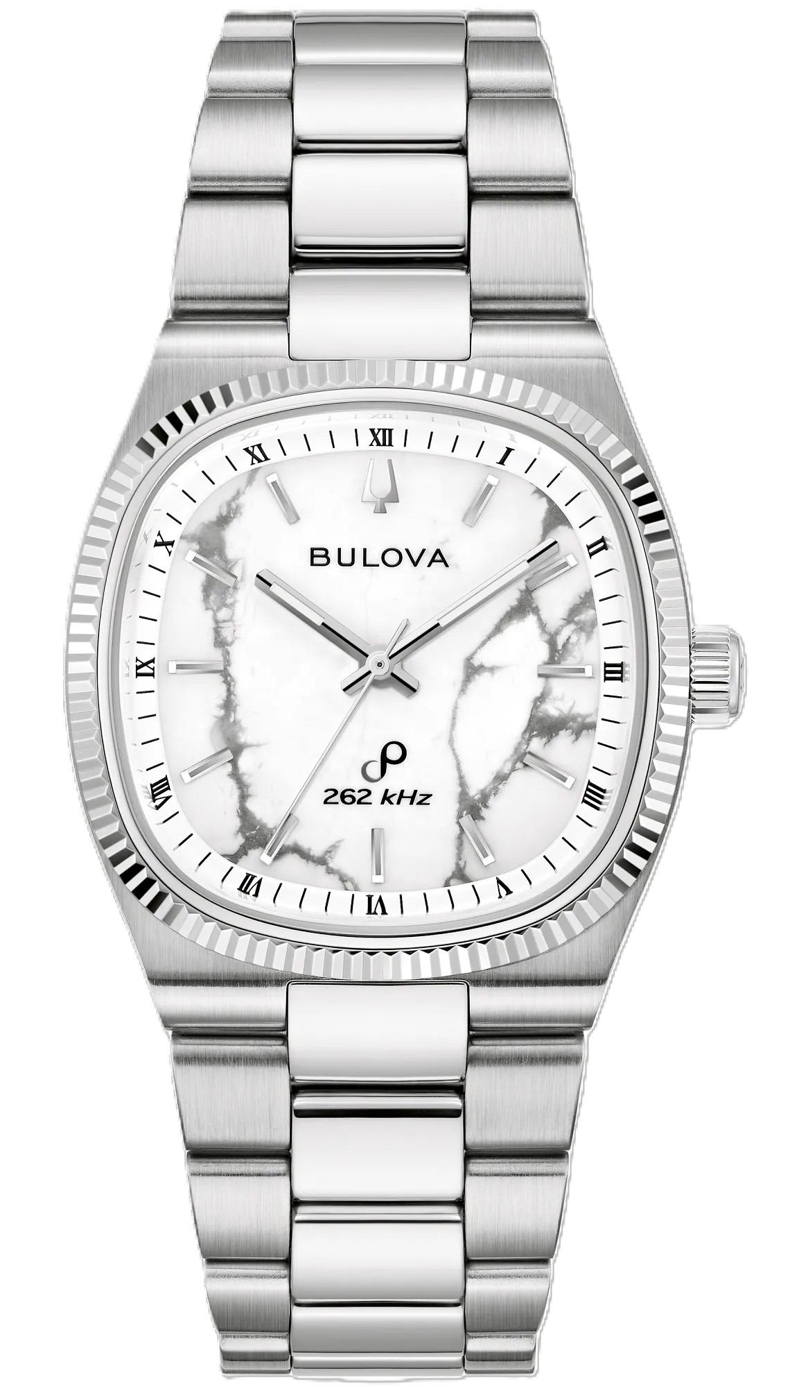 BULOVA 35MM SUPER SEVILLE WHITE MAGNESITE STONE DIAL FLUTED BEZEL LINK BRACELET STAINLESS
