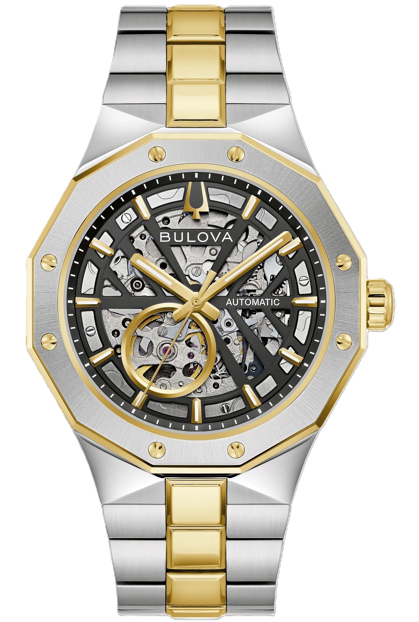BULOVA 42MM PRESTIGE AUTOMATIC FULL SKELETON DIAL WATCH LINK BRACELET STAINLESS/GOLD TONE