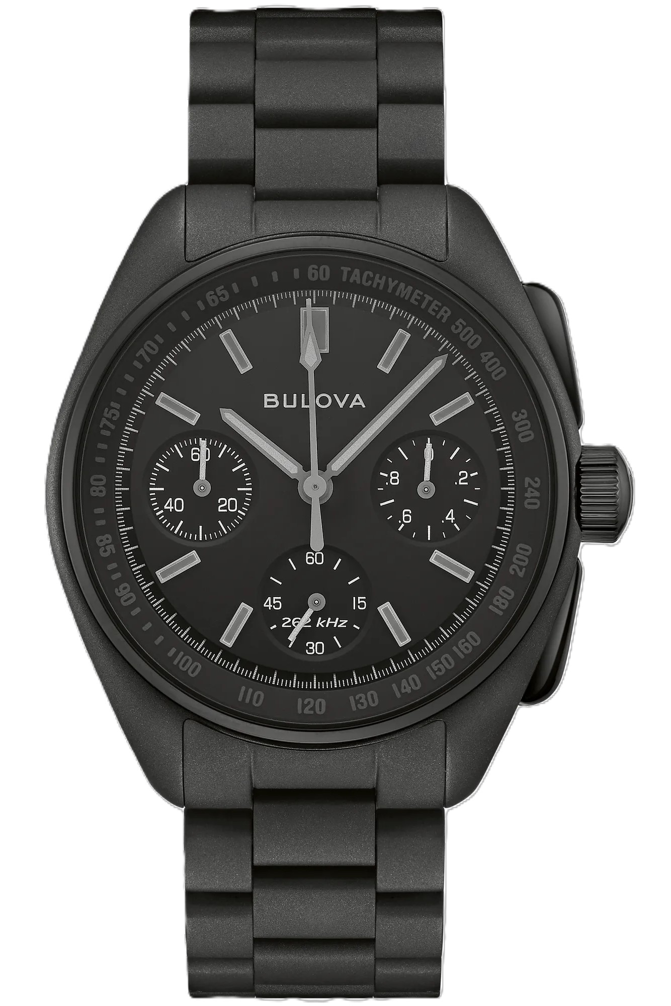 BULOVA LUNAR PILOT BLACK HOLE 41.2MM WATCH BLACK CHRONOGRAPH DIAL WITH GRAY ACCENTS LINK BRACELET BLACK STAINLESS
