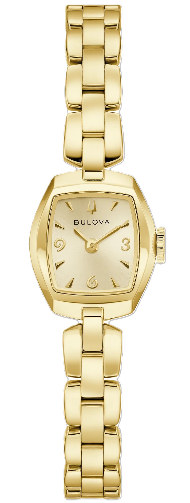 BULOVA 18MM GODDESS OF TIME JACKIE WATCH CHAMPAGNE RECTANGULAR DIAL WITH GOLD TONE ACCENTS BRACELET YELLOW GOLD TONE