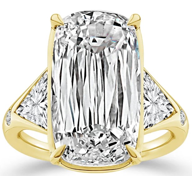 SUPER MAN MADE CREATED "3-STONE ENGAGEMENT RING CONTAINING: 10.03CT CUSHION MIXED CUT DIAMOND F VVS2 IGI LG799633024 + 2 TRILLION DIAMONDS + 2 ROUND MELEE DIAMONDS 1.20CTW 14KY