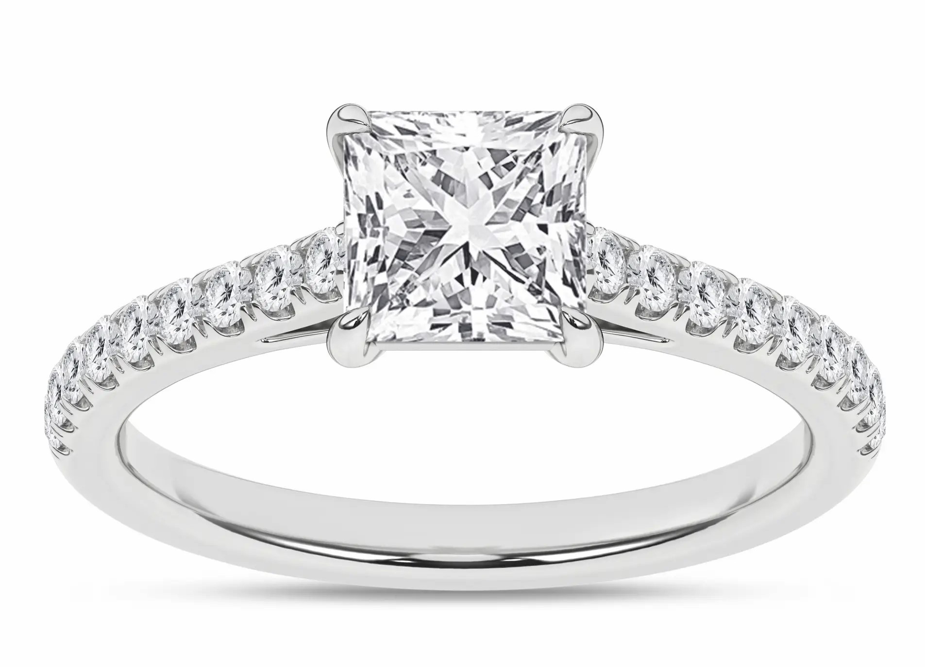 SUPER MAN MADE CREATED 1.79CTW ENGAGEMENT RING: 1.53CT PRINCESS DIAMOND CENTER F VS IGI CARD CERT 52J693552607 + 18 ROUND MELEE DIAMONDS .26CTW E-F VS 14KW