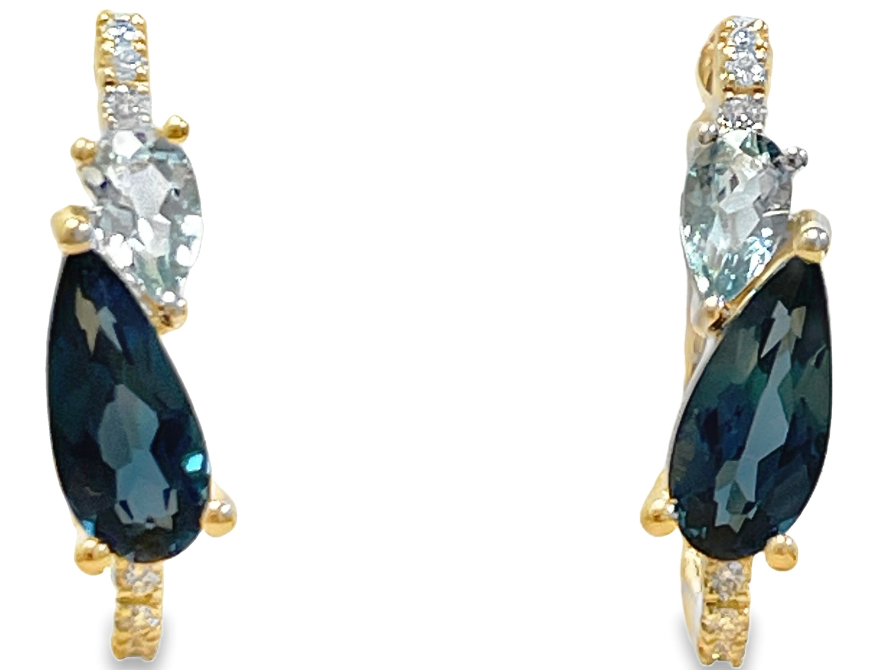 LE VIAN RECTANGULAR HOOP EARRINGS: 2 PEAR SHAPE BLUE TOPAZ + 2 PEAR SHAPE LONDON BLUE TOPAZ 1.68CTW + 12 ROUND DIAMONDS .06TDW 14KY