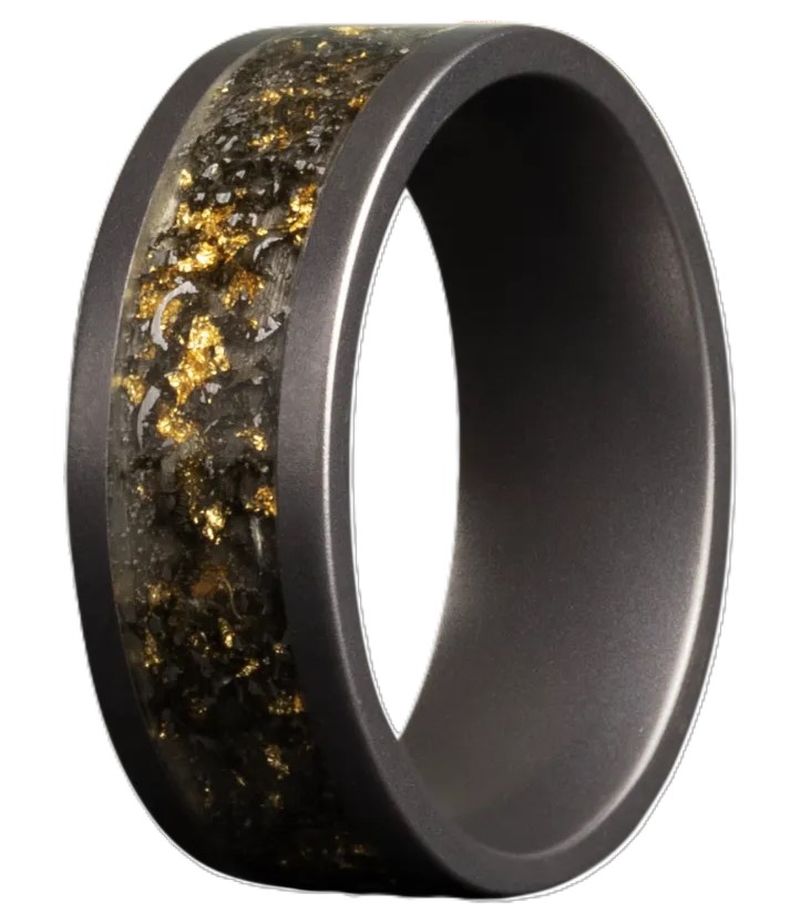 GTS 8MM TUNGSTEN FLAT MATTE BAND W/5MM BLACK SAND + METEORITE SHAVINGS + GOLD LEAF CENTER INLAY SIZE 10