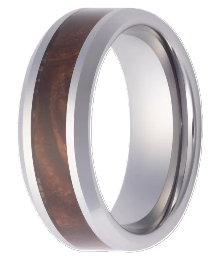 GTS 8MM TUNGSTEN BEVELED POLISHED BAND W/4MM RED BURL WOOD CENTER INLAY SIZE 10