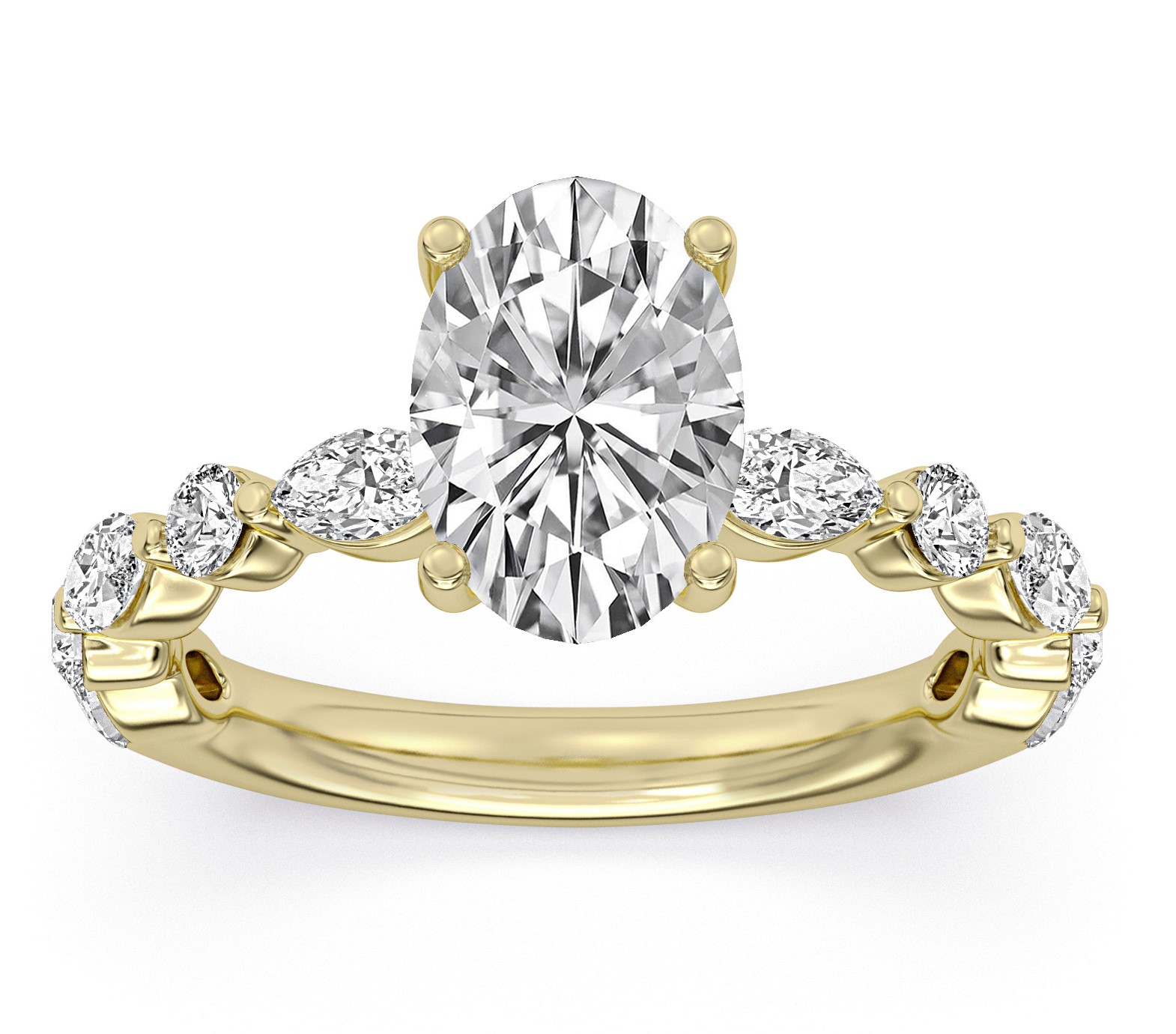 SUPER MAN MADE CREATED 3.86CT ENGAGEMENT RING: 3.04CT 100-FACET OVAL DIAMOND E VS2 FDX 74432590101 + 6 MARQUISE DIAMONDS + 4 ROUND DIAMONDS .82TDW 14KY