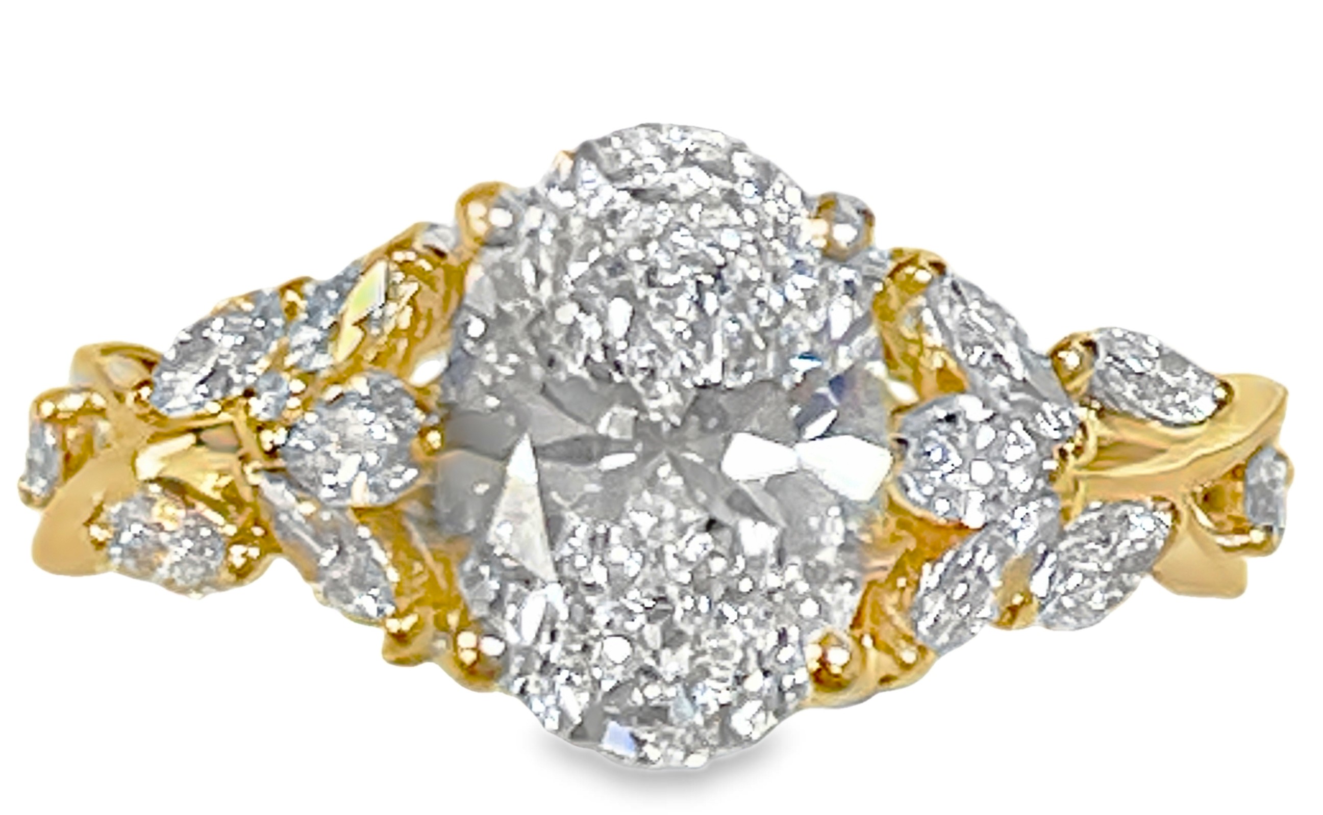 SUPER MAN MADE CREATED 3.02CTW ENGAGEMENT RING: 2.04CT 100-FACET OVAL DIAMOND E VS2 FDX 74447080101 + 16 MARQUISE DIAMONDS .98CTW 14KY