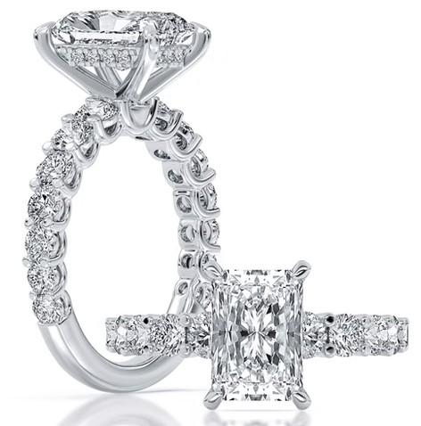 SUPER MAN MADE CREATED 4.64CTW ENGAGEMENT RING: 3.10CT 100-FACET RADIANT CUT DIMOND F VS1 FDX 74434760103 + 28 ROUND MELEE DIAMONDS 1.54CTW 14KW