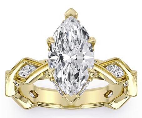 SUPER MAN MADE CREATED 2.64CTW ENGAGEMENT RING: 2.00CT 100-FACET MARQUISE DIAMOND F VS2 FDX 74430890101 + 12 MARQUISE MELEE DIAMONDS .58CTW + 16 ROUND MELEE DIAMONDS .06CTW 14KY
