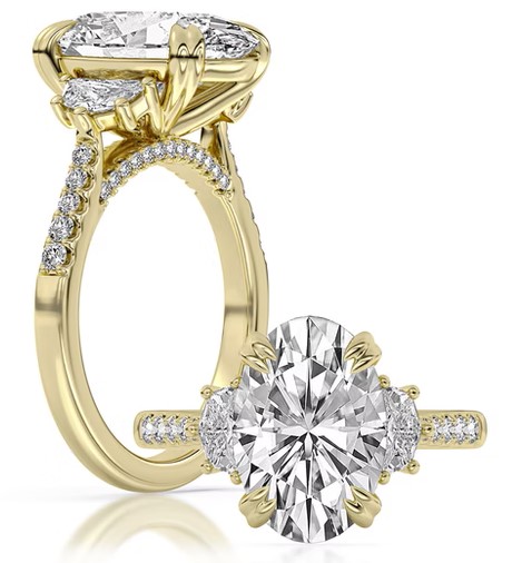 SUPER MAN MADE CREATED 5.97CTW ENGAGEMENT RING: 5.10CT 100-FACET OVAL DIAMOND F VS2 FDX 74441230103 + 2 PENTAGONAL DIAMONDS .64CTW + 36 ROUND MELEE DIAMONDS .23CTW 14KY