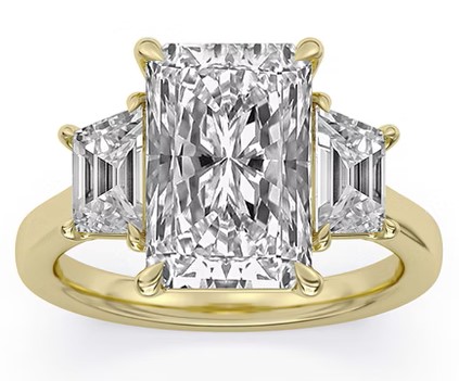 SUPER MAN MADE CREATED 6.16CTW ENGAGEMENT RING: 5.01CT 100-FACET RADIANT CUT DIAMOND F VS2 FDX 74451460110 + 2 TRAPEZOID DIAMONDS 1.15CTW 14KY