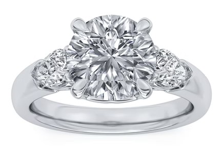 SUPER MAN MADE CREATED 3.75CTW ENGAGEMENT RING: 3.05CT 100-FACET ROUND DIAMOND F VS2 FDX 74451420101 + 2 PEAR SHAPE DIAMONDS .70CTW 14KW