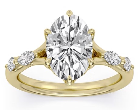SUPER MAN MADE CREATED 3.39CTW ENGAGEMENT RING: 3.09CT OVAL DIAMOND E VS1 FDX 74444460103 + 2 MARQUISE MELEE DIAMONDS .18CTW + 2 ROUND MELEE DIAMONDS .12CTW 14KY