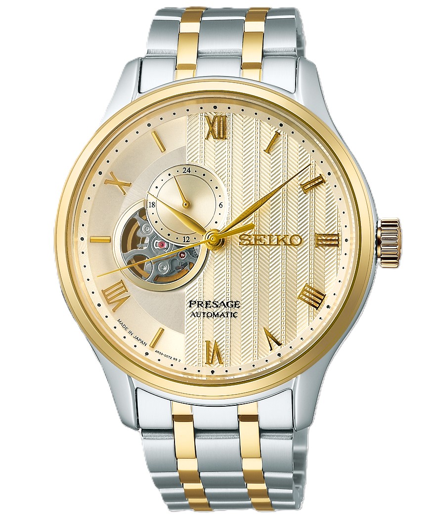 SEIKO PRESAGE GTS JAPANESE GARDEN IVORY SKELETON SUB DIAL WATCH LINK BRACELET STAINLESS/GOLD TONE
