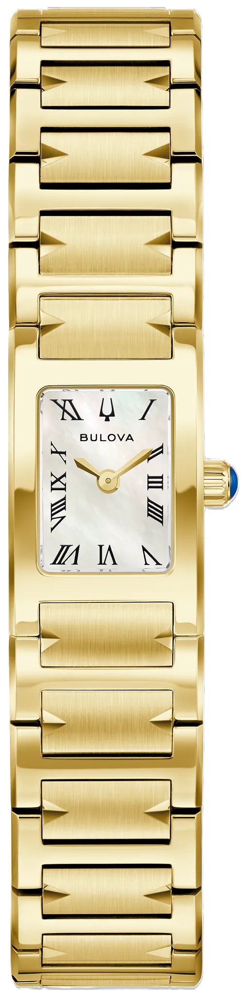 BULOVA 14MM LDS WHITE MOTHER OF PEARL RECTANGULAR ROMAN DIAL WATCH LINK BRACELET GOLD TONE