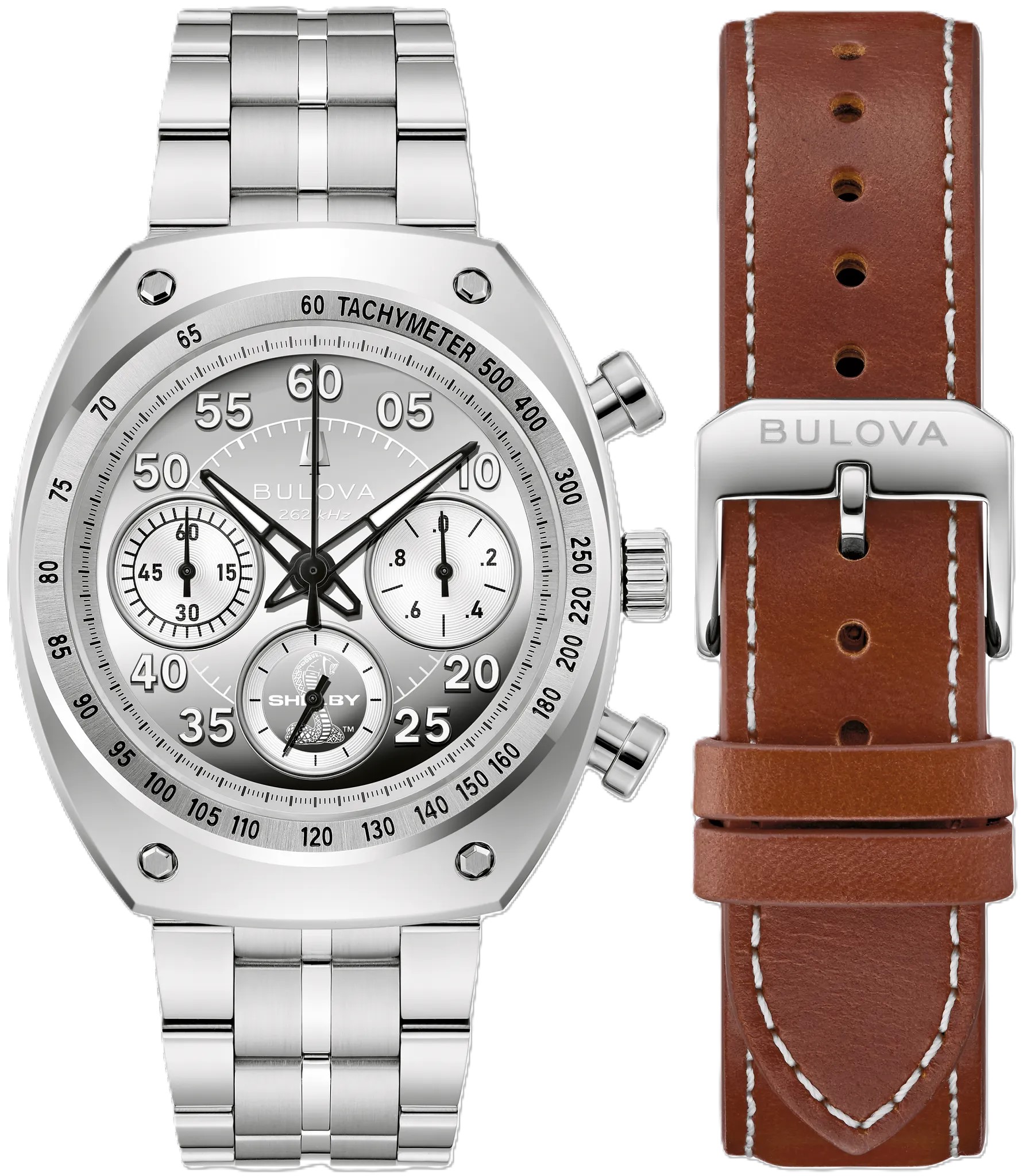 BULOVA SHELBY 40.5MM CHRONOGRAPH WATCH SILVER DIAL LINK BRACELET (PLUS TAN LEATHER STRAP) BOX SET STAINLESS