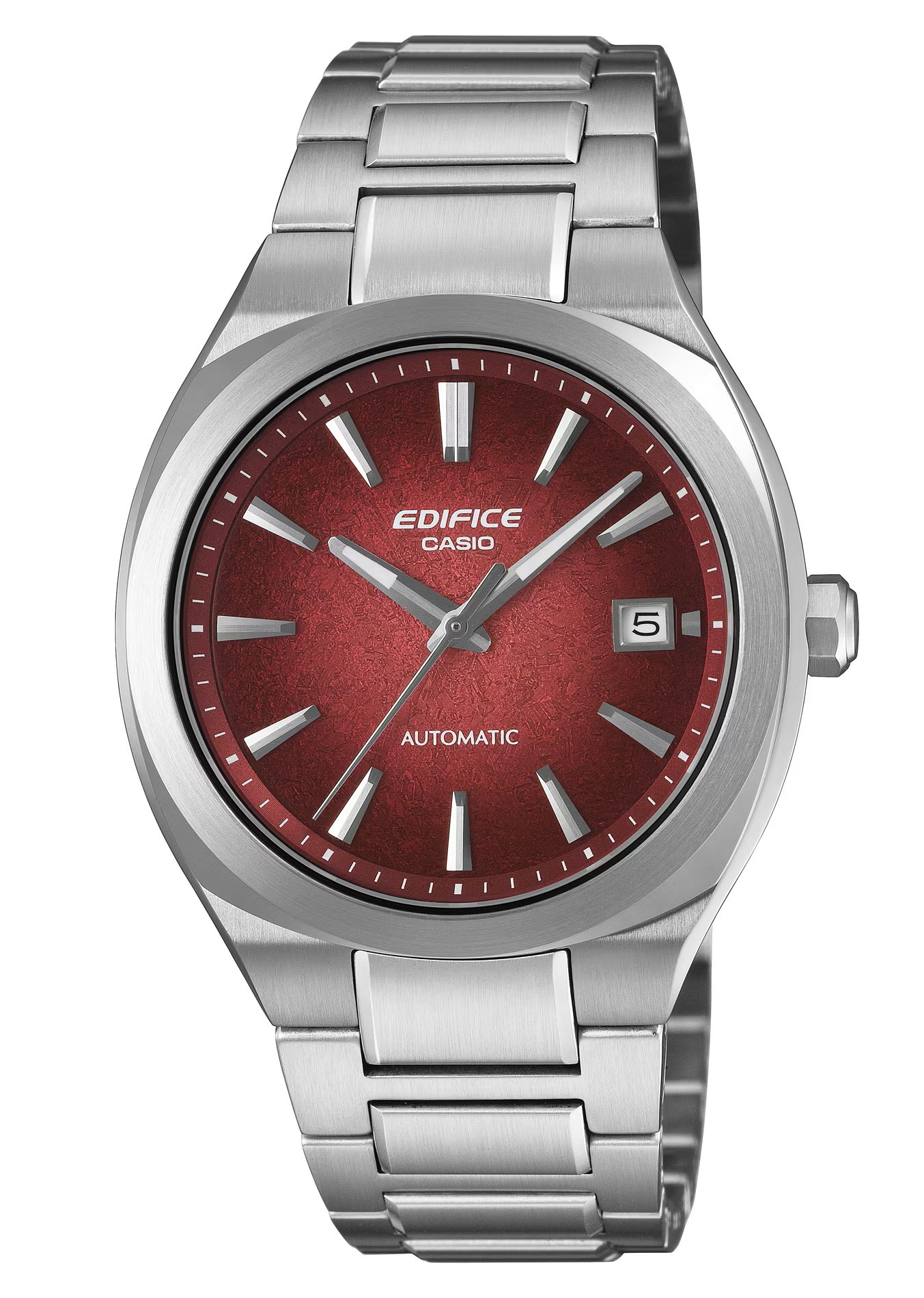 CASIO EDIFICE AUTOMATIC WATCH ROUND BURGUNDY DATE DIAL LINK BRACELET STAINLESS