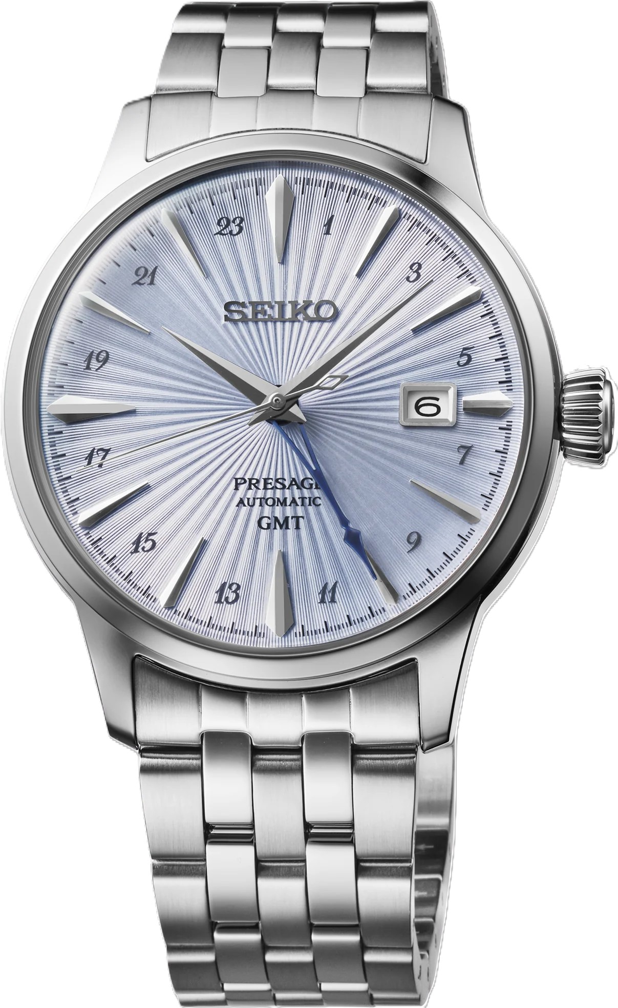 SEIKO GTS PRESAGE AUTOMATIC GMT WATCH LIGHT BLUE DIAL LINK BRACELET STAINLESS STEEL
