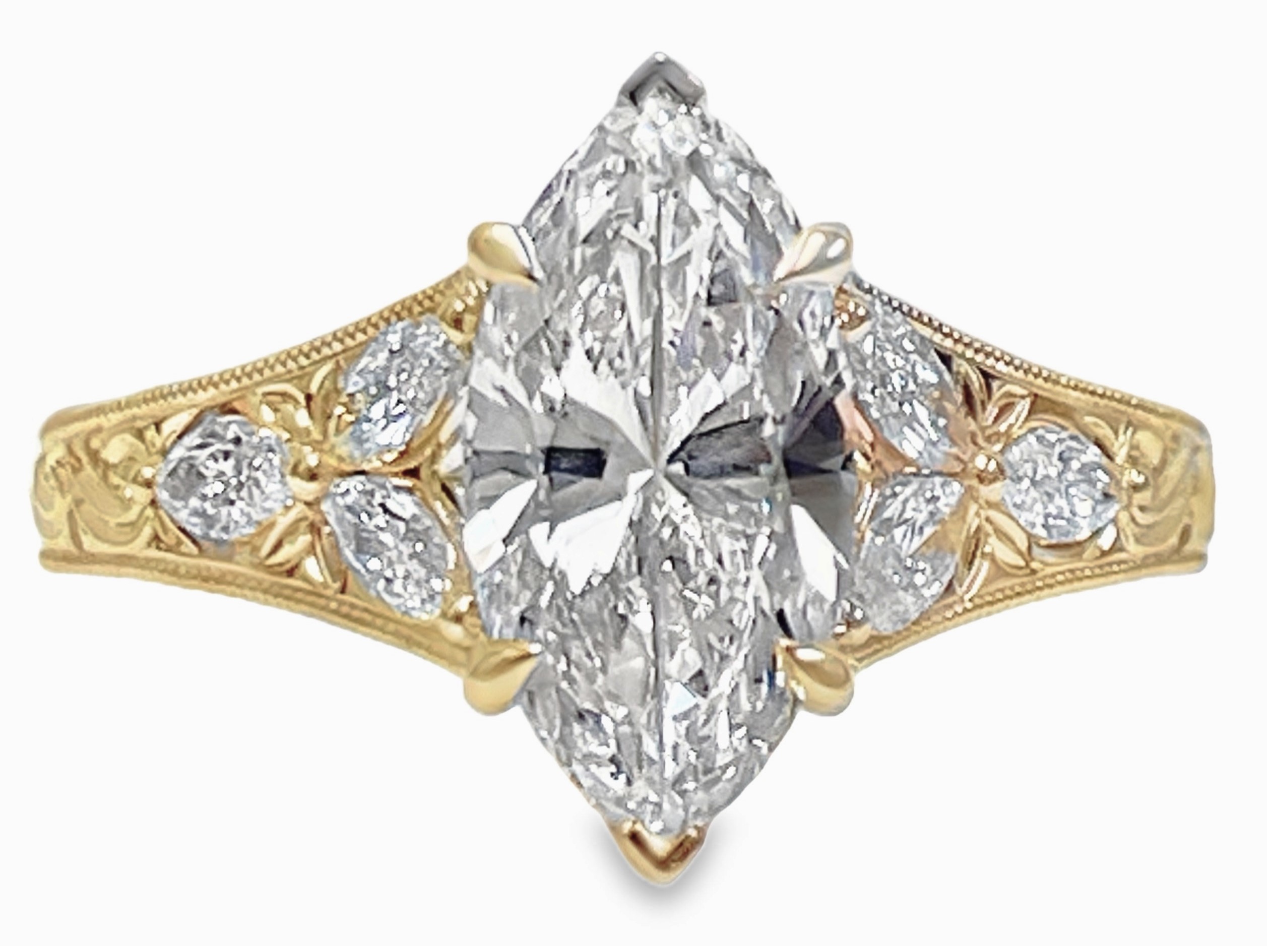 SUPER MAN MADE 2.43CTW ENGRAVED ENGAGEMENT RING: 2.02CT 100-FACET MARQUISE DIAMOND E VS2 FDX 74461430102 + 2 ROUND MELEE DIAMONDS .03CTW + 6 MARQUISE MELEE DIAMONDS .38CTW 14KY