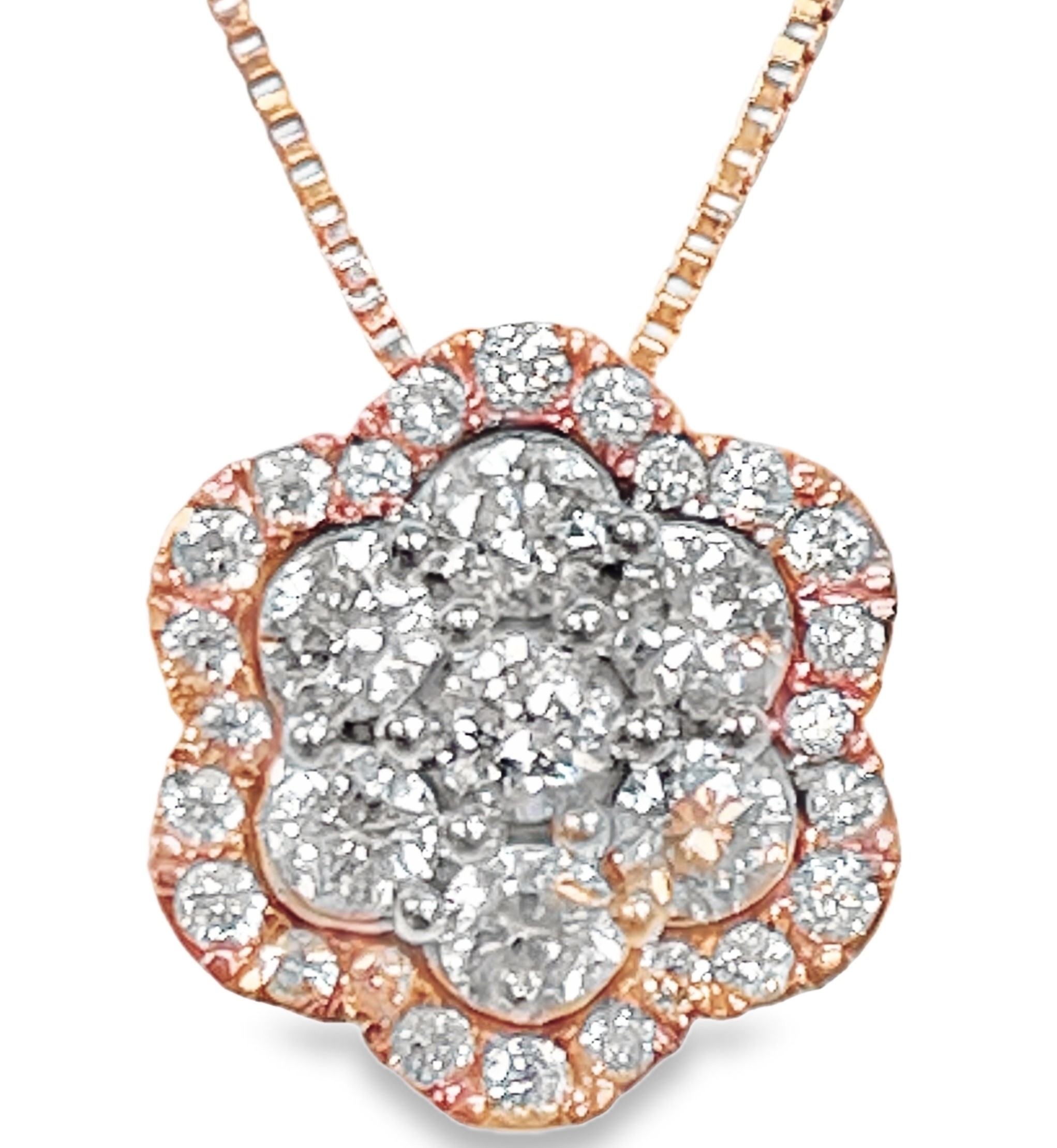 1/2CTW DIAMOND SCALLOPED-EDGE CLUSTER TWO-TONE PENDANT/CHAIN CONTAINING: 31 ROUND DIAMONDS; 14KWP CHAIN INCLUDED