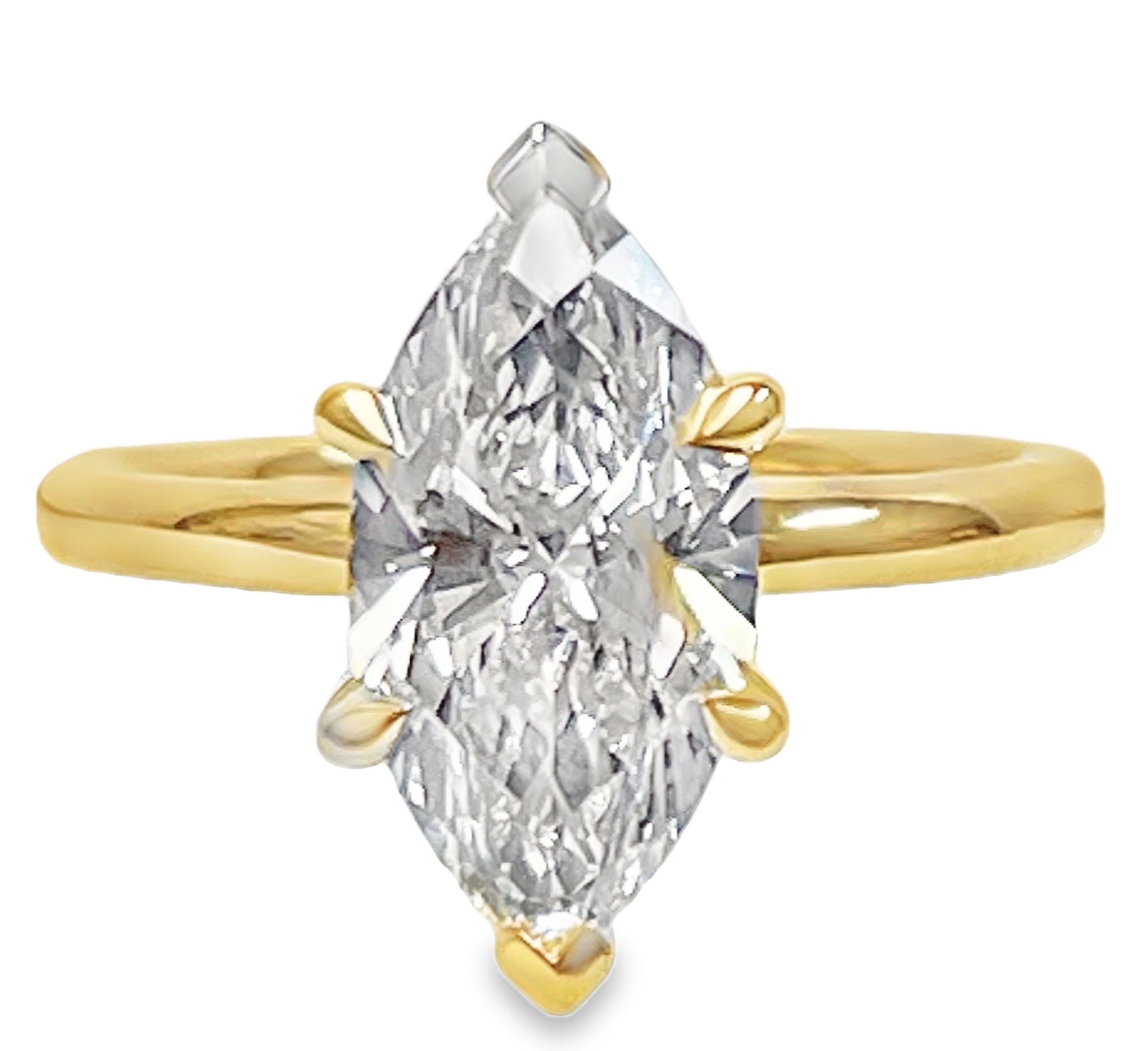 SUPER MAN MADE CREATED 2.62CTW DIAMOND ENGAGEMENT RING: 2.56CT MARQUISE DIAMOND CENTER E VVS2 IGI LG823690469 + 12 ROUND PROFILE MELEE DIAMONDS .06CTW 14KY