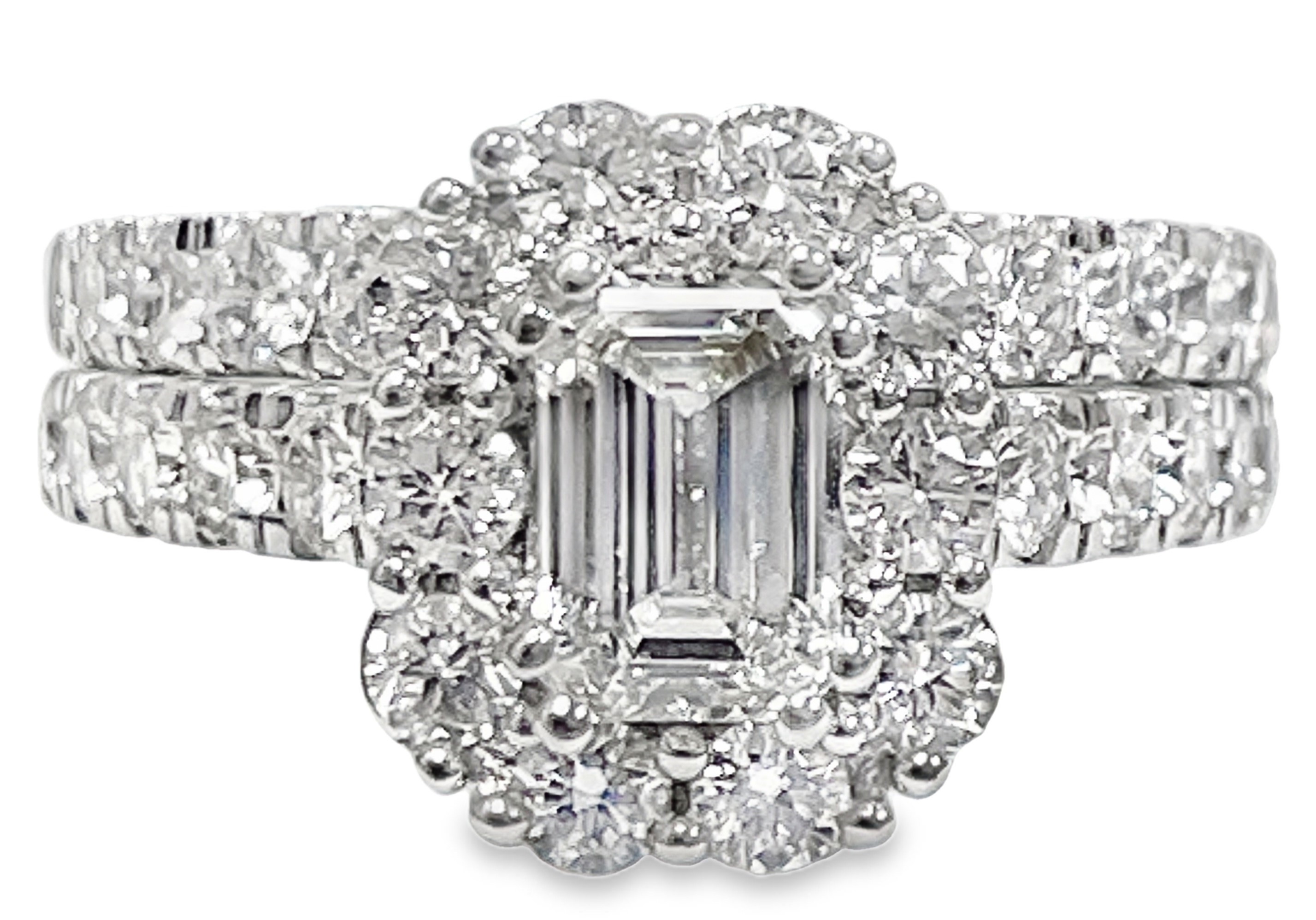 SUPER MAN MADE CREATED 3.01CTW 2PC WEDDING SET: 1.01CT EMERALD CUT DIAMOND CENTER E VS2 IGI LG567354174 + 20 ROUND DIAMOND RING SEMI + 13 ROUND DIAMOND BAND 2.00CTW 14KW