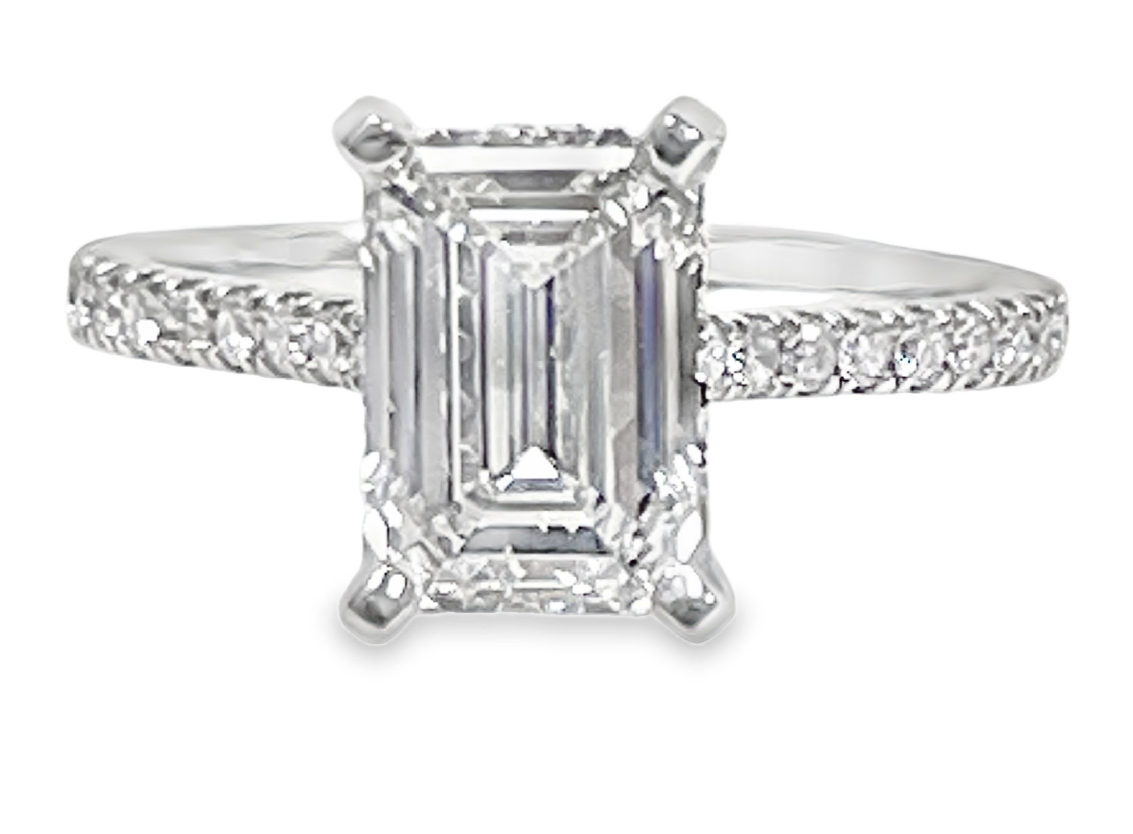 SUPER MAN MADE CREATED 2.79CTW ENGAGEMENT RING: 2.55CT EMERALD CUT DIAMOND CENTER F VS1 GIA 2496871226 + 36 ROUND MELEE DIAMONDS .24CTW 14KW