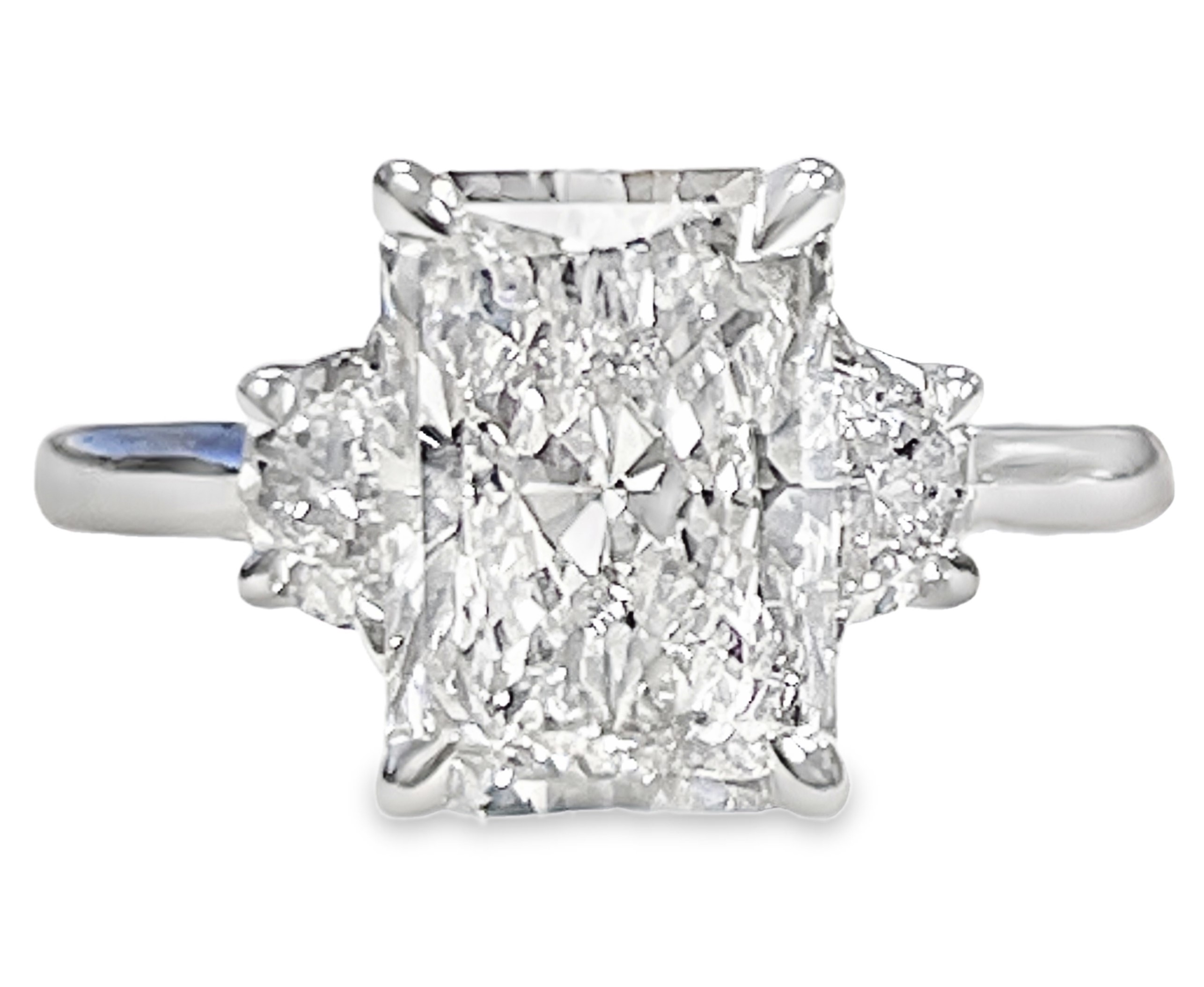 SUPER MAN MADE CREATED 3.78CTW DIAMOND "3-STONE" RING: 3.19CT RADIANT CUT DIAMOND CENTER F VS1 IGI LG700552513 + 2 HALF-MOON DIAMONDS + 22 ROUND MELEE DIAMONDS .59CTW 14KW