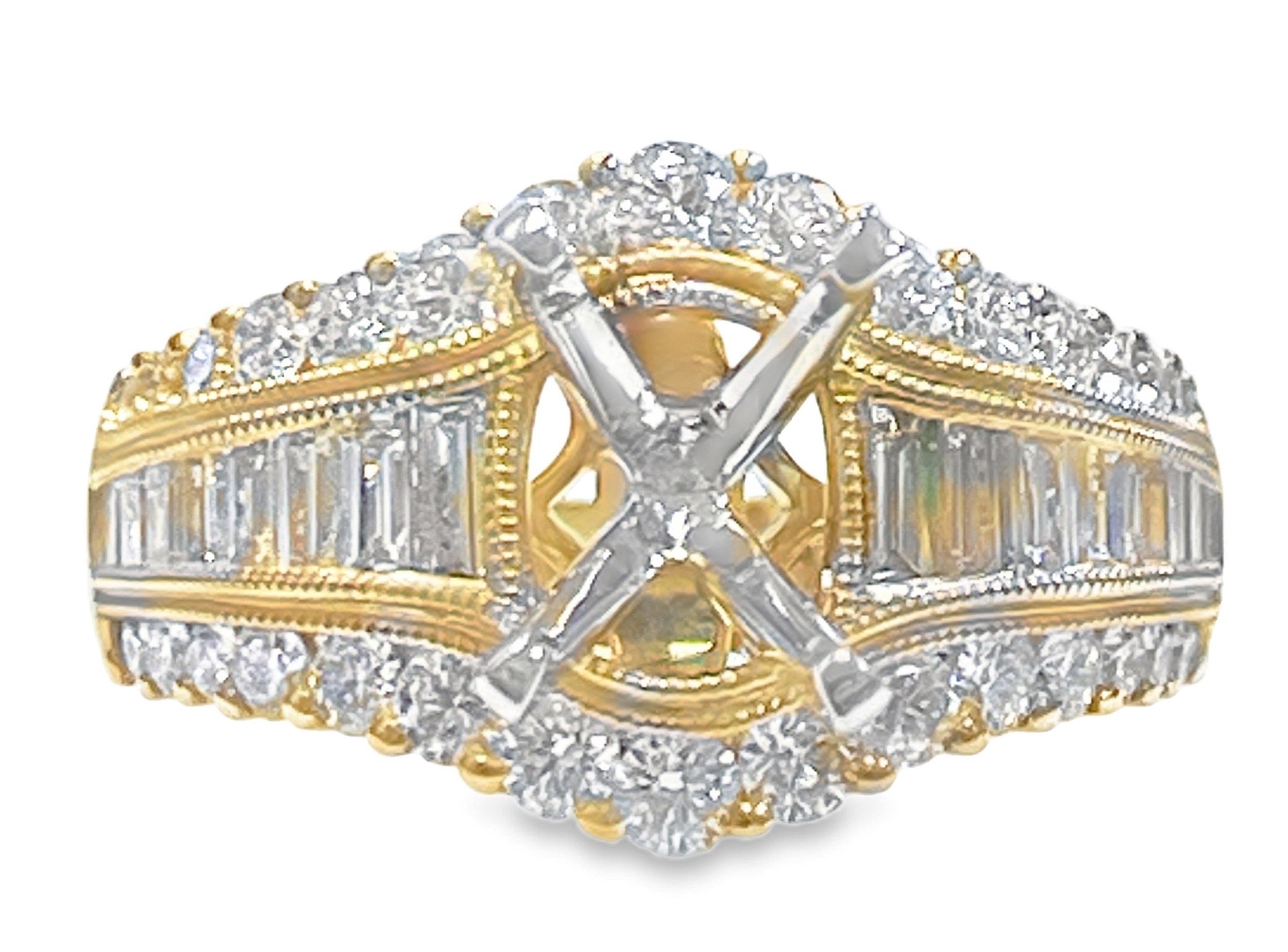 1.45CTW 3-ROW DIAMOND RING SEMI MOUNTING: 30 ROUND DIAMONDS + 16 BAGUETTE DIAMONDS 14KY