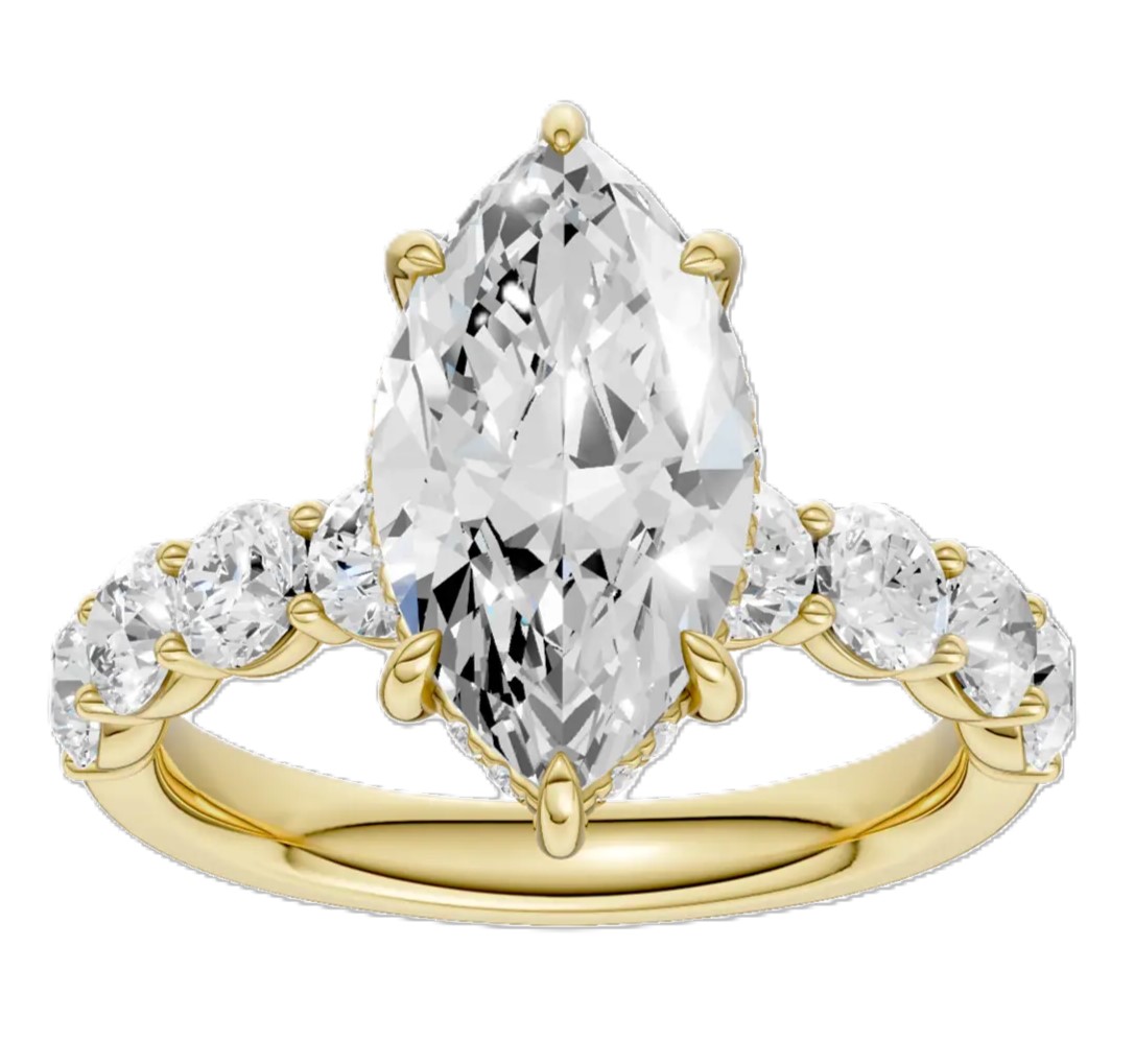 SUPER MAN MADE CREATED 4.33CTW ENGAGEMENT RING: 3.00CT MARQUISE DIAMOND CENTER F VS IGI CARD CERT 75J8341526 + 8 ROUND DIAMONDS + 20 ROUND PROFILE DIAMONDS 1.33CTW EF VS 14KY