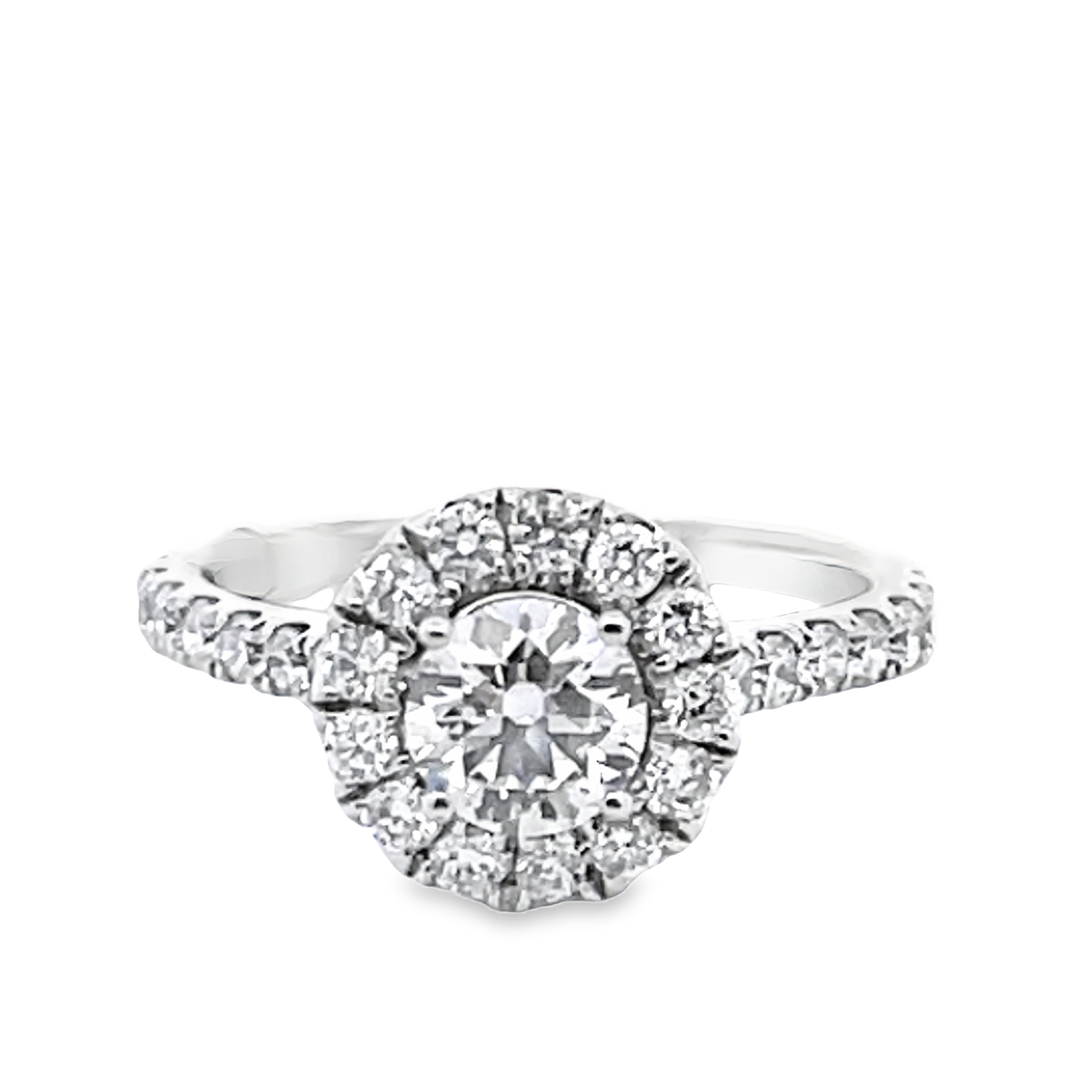 SUPER MAN MADE LAB CREATED ROUND HALO ENGAGEMENT RING CONTAINING: .70CT ROUND DIAMOND CENTER; I; SI1; IGI# LG470155447; + 27 ROUND MELEE DIAMONDS; 3/4CTW; 14KW