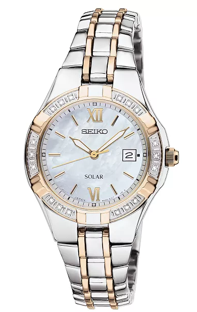 SEIKO SOLAR LDS ROUND WHITE MOTHER OF PEARL DATE DIAL 18 ROUND DIAMOND BEZEL LINK BRACELET STAINLESSGOLD TONE