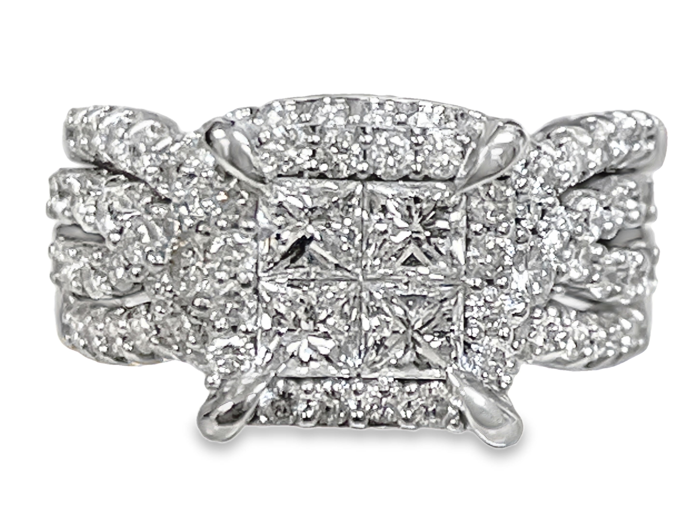 2 1/5CTW QUAD CENTER; SQUARE HALO THREE-PIECE WEDDING SET CONTAINING: 4 PRINCESS DIAMOND CENTER + 54 ROUND DIAMOND CROSSOVER-SHANK ENGAGEMENT RING; + 2 EACH 18 ROUND DIAMOND BANDS; 14KW