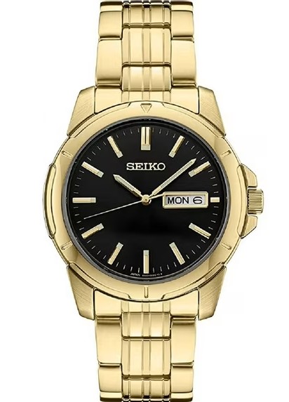 SEIKO 39MM ROUND BLACK DIAL WATCH GOLD TONE LINK BRACELET