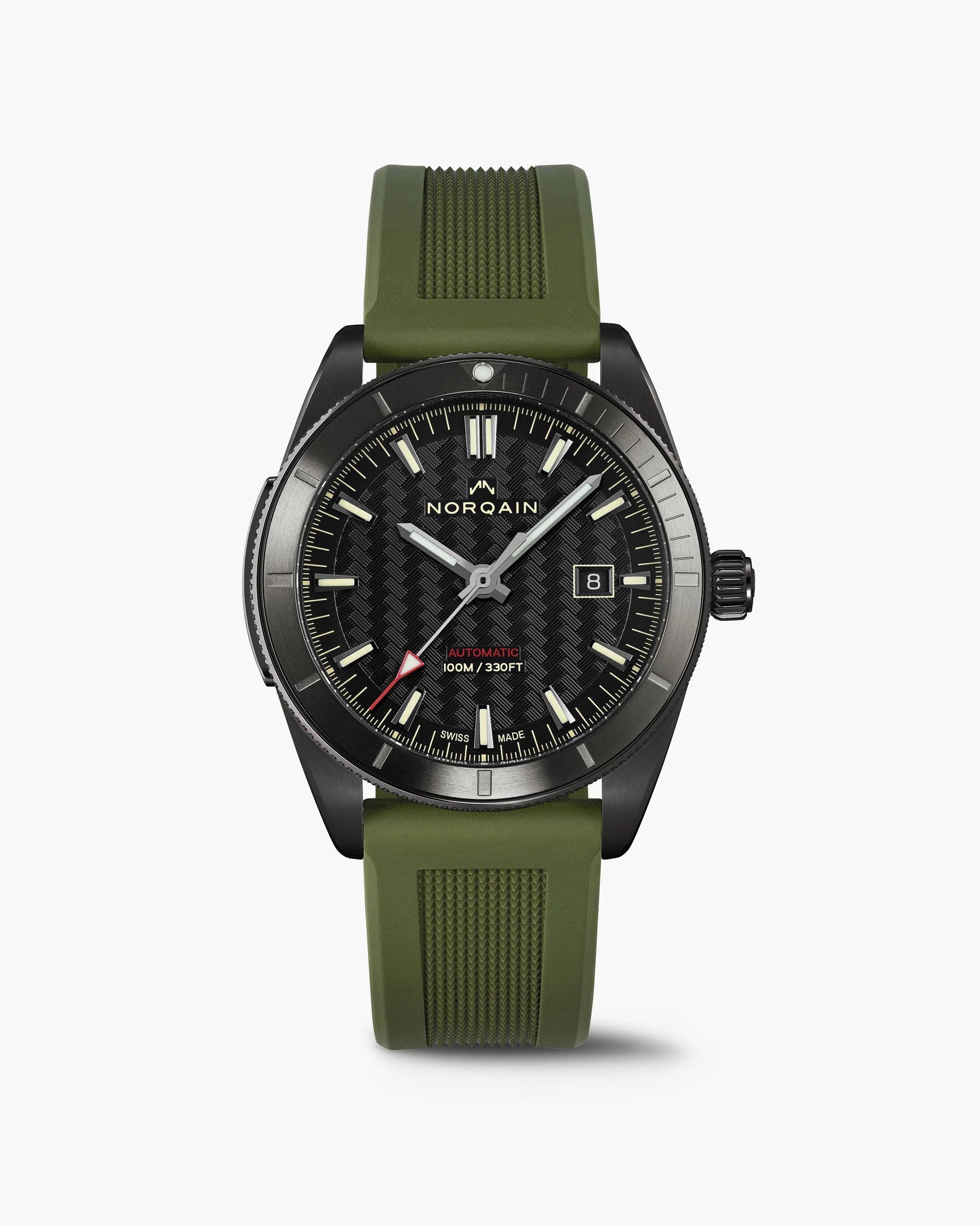 NORQAIN ADVENTURE SPORT AUTO WATCH BLACK DIAL KHAKI RUBBER STRAP WITH BROWNSN41557