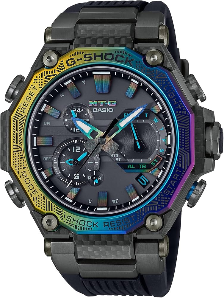 CASIO G-SHOCK ANALOGUE/DIGITAL BLACK DIAL WATCH; MULTI COLOR BEZEL; RESIN STRAP