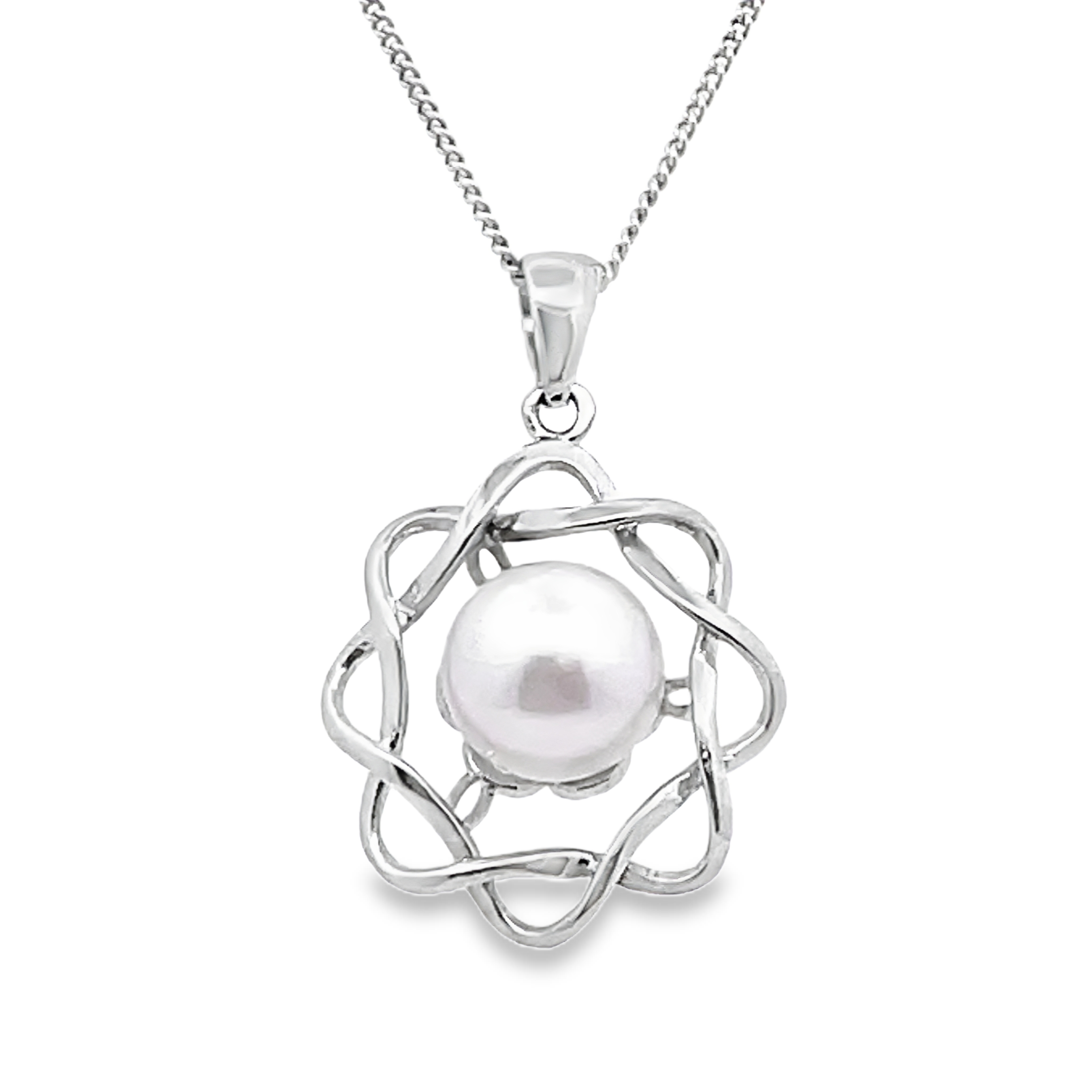 WOVEN OPEN-CHAIN HALO FRESHWATER PEARL PENDANTCHAIN STERLING SILVERCHAIN INCLUDED