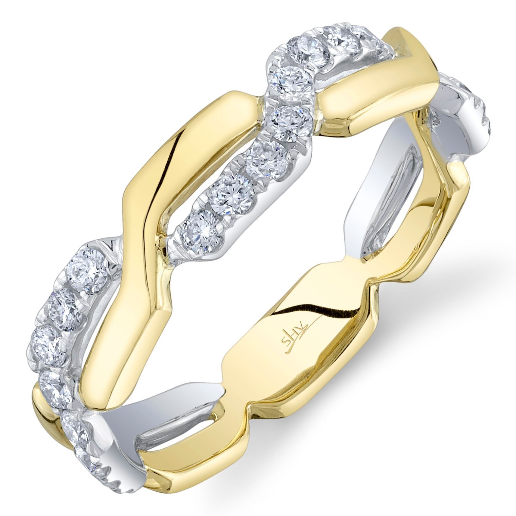 .54CTW LDS TT CROSSOVER LINK DIAMOND BAND RING CONTAINING: 18 ROUND DIAMONDS; 14KYW