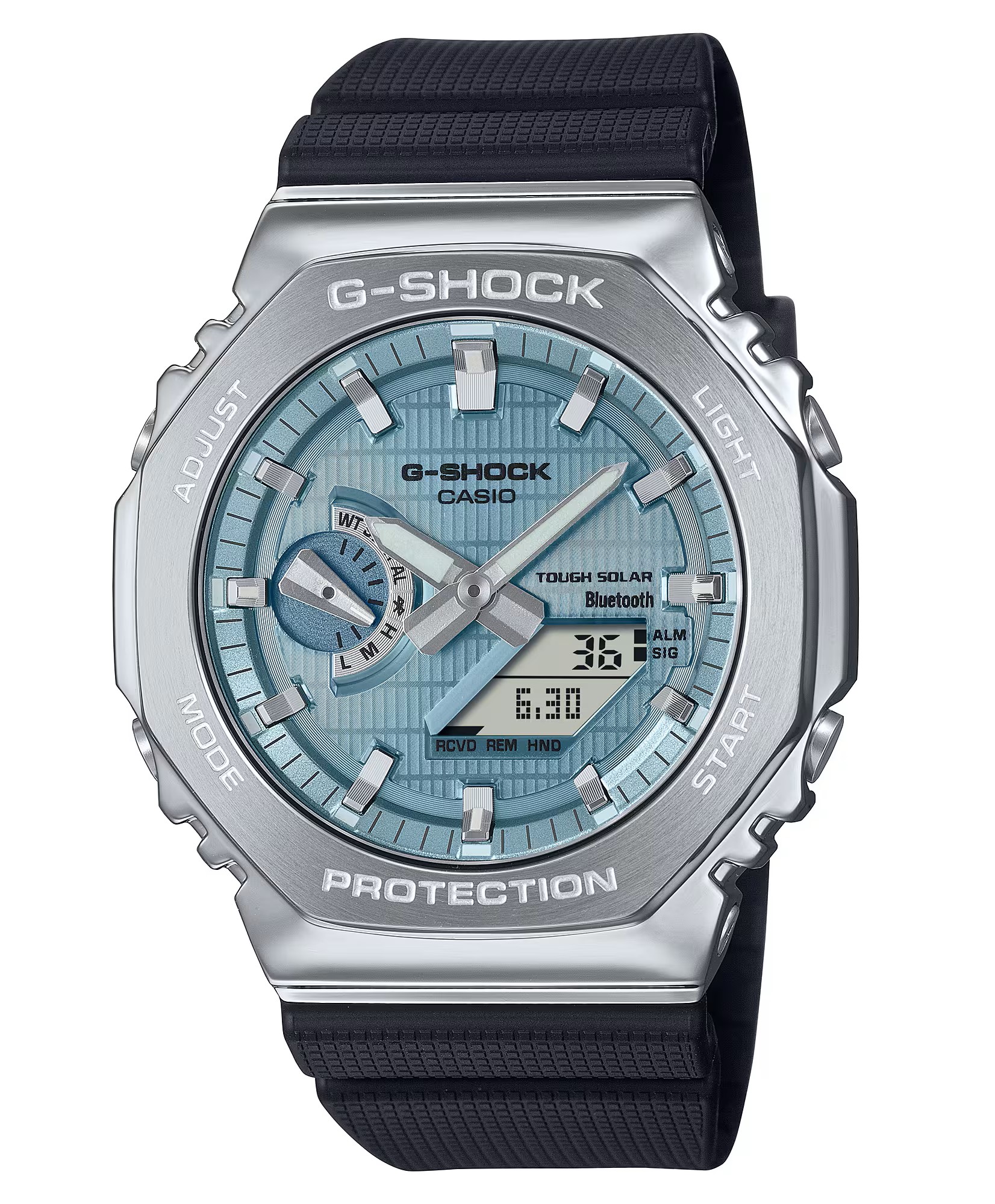 CASIO G-SHOCK ANALOGUE/DIGITAL SOLAR BLUE DIAL; BLACK RESIN WATCH
