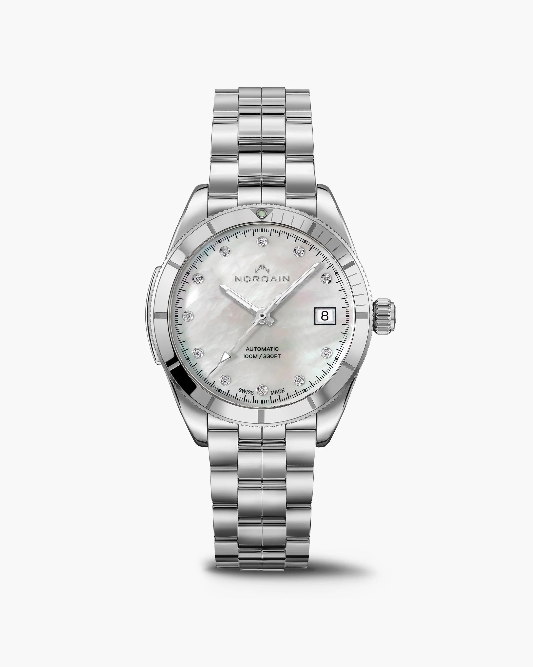 NORQAIN ADVENTURE SPORT AUTO LADIES WATCH ROUND WHITE MOTHER OF PEARL 11 ROUND DIAMOND DATE DIAL LINK BRACELET STAINLESSSN31555