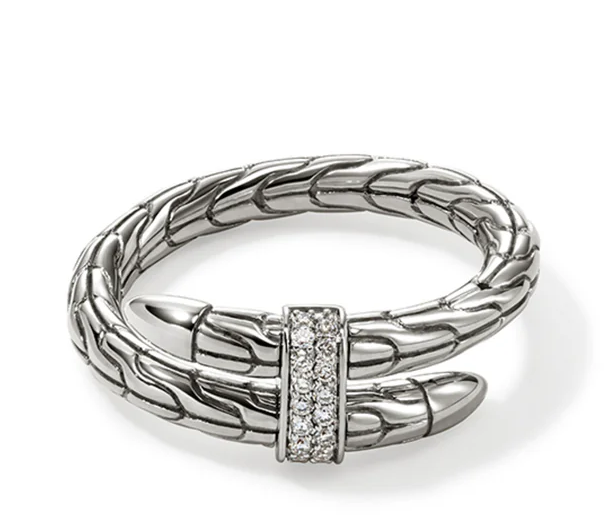 JOHN HARDY SPEAR SILVER DIAMOND PAVE SINGLE WRAP RING; .08CTW; SIZE 7