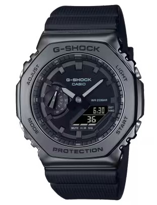 CASIO G-SHOCK ANALOGUE/DIGITAL BLACK DIAL; BLACK RESIN STRAP WATCH; STAINLESS