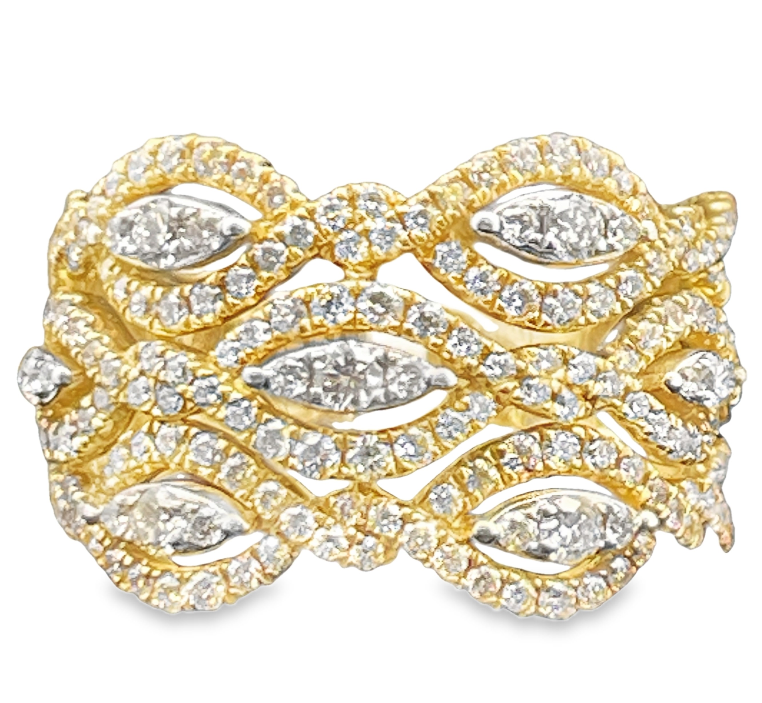 .96CTW MARQUISE SHAPE CENTERS 6-ROW ALTERNATING CROSSOVER WIDE BAND RING CONTAINING 185 ROUND PRONG-SET DIAMONDSH-I SI1 14KY