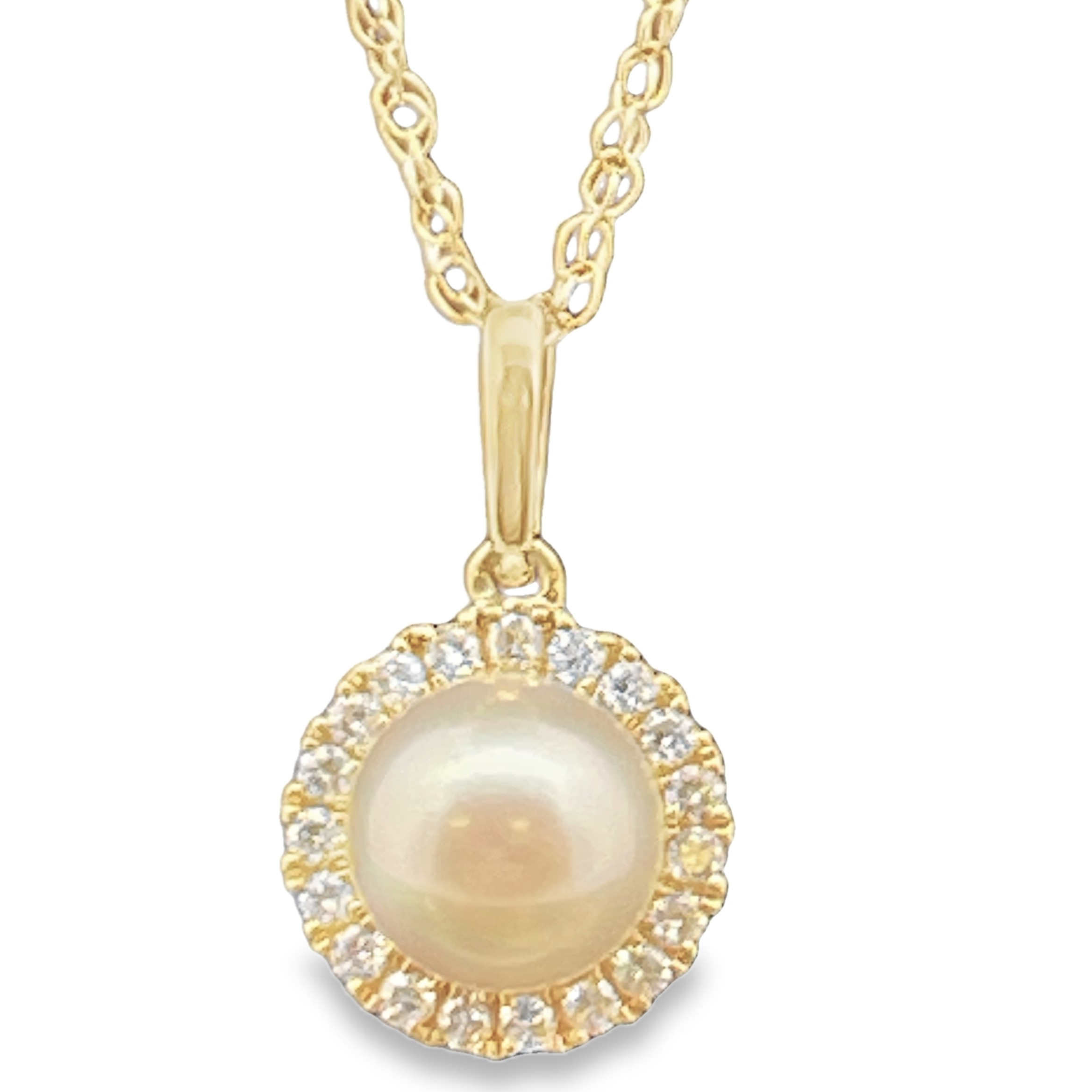 PEARL AND DIAMOND HALO PENDANT/CHAIN CONTAINING 6.5-7MM PEARL CENTER  19 ROUND HALO DIAMONDS .13TDW 14KY GEM J CHAIN